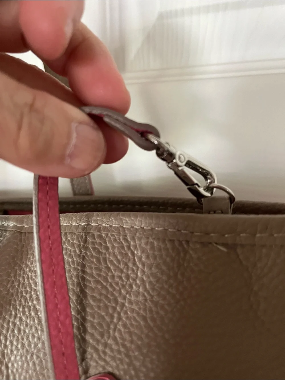 LODIS Bliss Taupe/Tan/Brown Pebbled Leather Tote, Pink Trim, approx 17”wx12”h